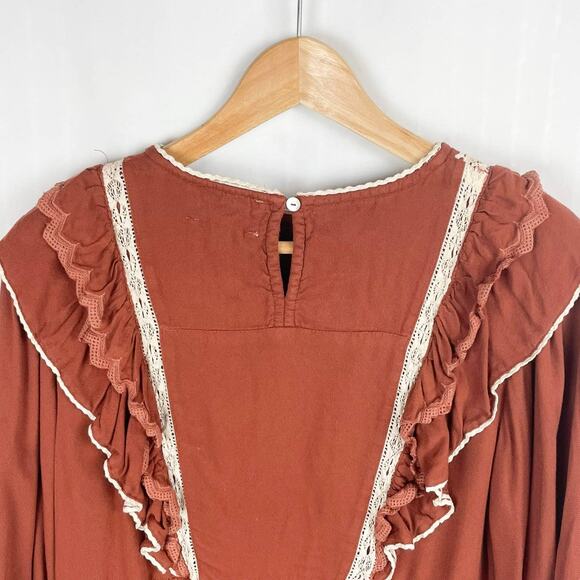 Bohme Peasant Top Size S Burnt Orange Ruffled Knit Lace Trim Cottagecore Boho - Picture 8 of 13